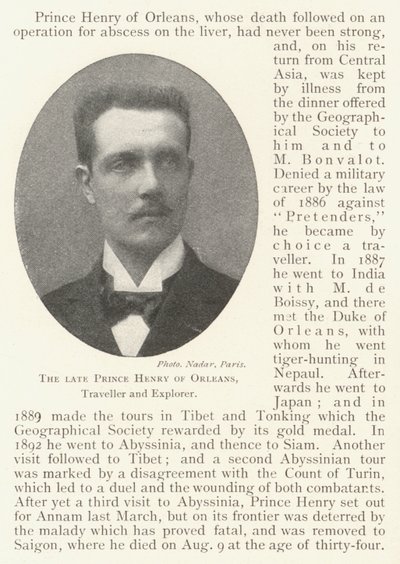 Der verstorbene Prinz Heinrich von Orléans, Reisender und Entdecker von English Photographer