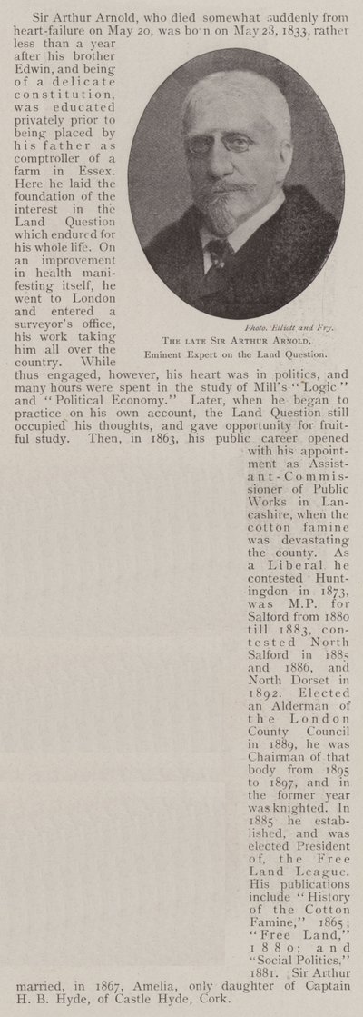 Der verstorbene Sir Arthur Arnold, angesehener Experte für Landfragen von English Photographer