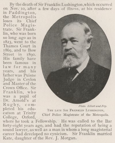 Der verstorbene Sir Franklin Lushington, Hauptpolizeimagistrat der Metropole von English Photographer