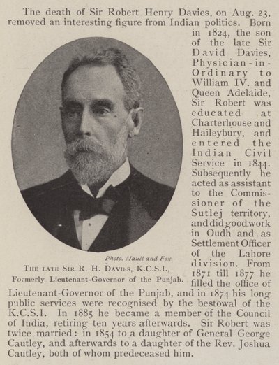 Der verstorbene Sir R. H. Davies, KCSI, ehemals Generalleutnant des Punjab von English Photographer