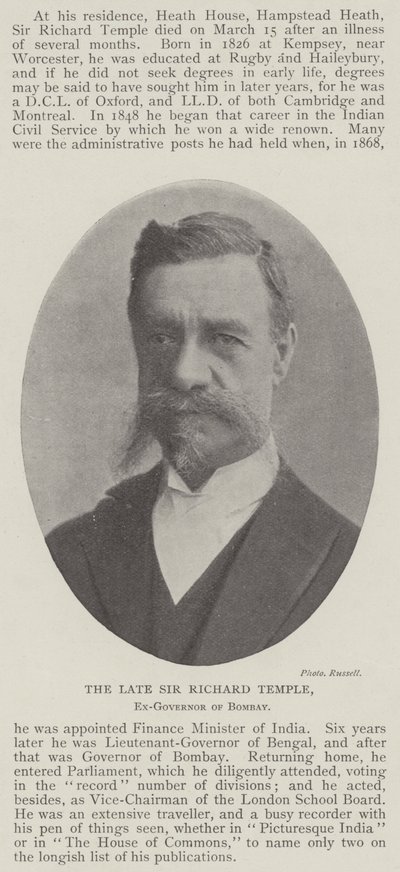 Der verstorbene Sir Richard Temple, ehemaliger Gouverneur von Bombay von English Photographer