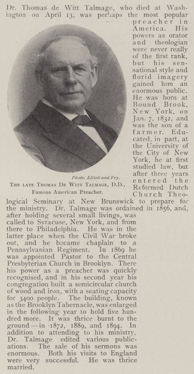 Der verstorbene Thomas de Witt Talmage, DD, berühmter amerikanischer Prediger von English Photographer