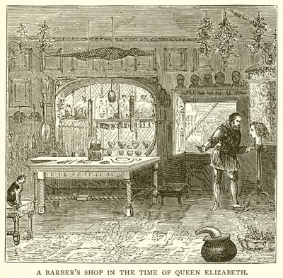 Ein Friseursalon zur Zeit von Königin Elizabeth von English School