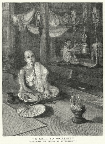 "Ein Ruf zum Gebet," Innenraum eines buddhistischen Klosters (Stich) von English School