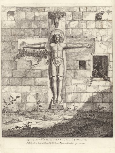 Ein Kruzifix an der Außenwand des südlichen Querschiffs der Rumsey-Kirche von English School