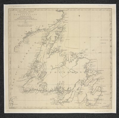 Allgemeine Karte der Insel Neufundland mit den Felsen und Tiefen, gezeichnet nach Vermessungen von James Cook und Michael Lane von English School