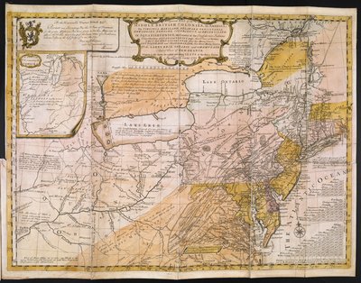 Eine allgemeine Karte der mittleren britischen Kolonien in Amerika; nämlich Virginia, Maryland, Delaware, Pennsylvania, New-Jersey, New-York, Connecticut und Rhode Island: von Aquanishuonîgy, dem Land der konföderierten Indianer ... Von den Seen Erie, Ont von English School