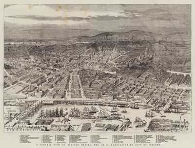 Eine Gesamtansicht von Belfast, Ulster, die wichtigste Industriestadt Irlands (Gravur) von English School