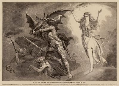 Eine Hoffnung für das neue Jahr, der Geist des Friedens vertreibt die Dämonen des Krieges (Gravur) von English School