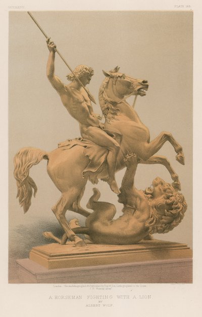 Ein Reiter, der mit einem Löwen kämpft von Albert Wolf von English School