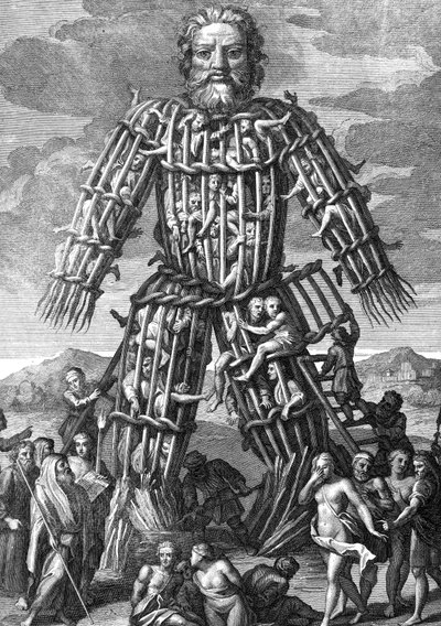 Ein riesiger Koloss aus Weidenzweigen, in dem Menschen zu Ehren der Götter lebendig verbrannt wurden, graviert von Cornelis Huyberts, Illustration zu Caesars Commentaries, ins Englische übersetzt von William Duncan von English School