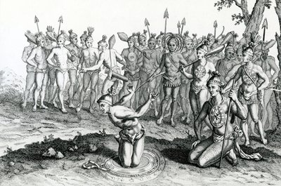 Ein König von Florida konsultiert seinen Magier vor dem Kampf, Illustration aus Moores Reisen und Reisen, 1778 von English School