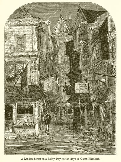 Eine Londoner Straße an einem Regentag zur Zeit von Königin Elisabeth von English School