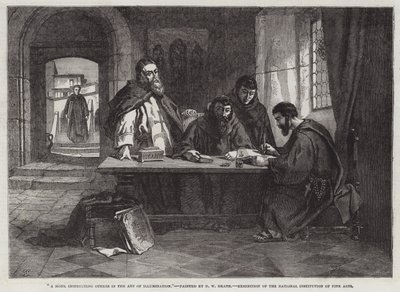 Ein Mönch unterrichtet andere in der Kunst der Illumination von English School