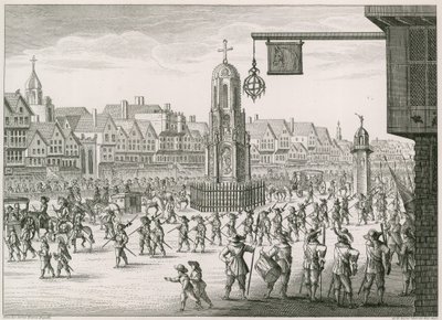 Eine nordöstliche Ansicht von Cheapside mit dem Kreuz und der Wasserleitung von English School