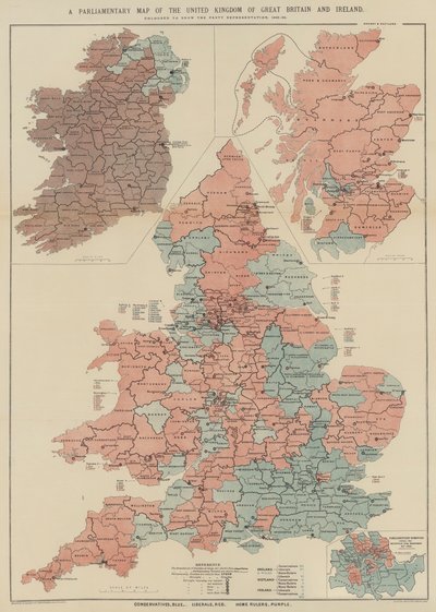Parlamentarische Karte des Vereinigten Königreichs von Großbritannien und Irland (Farblithografie) von English School