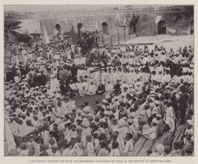 Friedensschluss zwischen der hinduistischen und mohammedanischen Bevölkerung von Patan, in der Provinz Kathiawar, Indien (Gravur) von English School