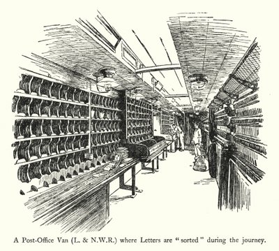Ein Postwagen, L und NWR, wo Briefe während der Fahrt sortiert werden (Lithographie) von English School