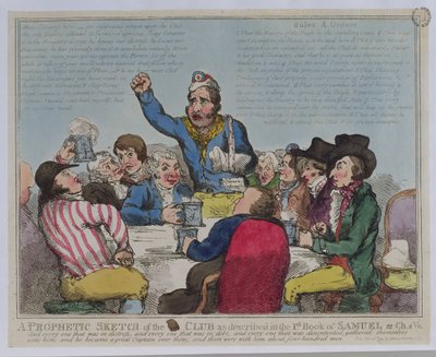 Eine prophetische Skizze des Clubs, wie im 1. Buch Samuel, Kapitel 22, Vers 2 beschrieben, veröffentlicht von S.W. Fores, 1799 (farbige Radierung) von English School