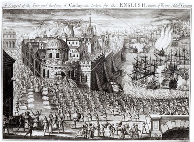 Eine Aussicht auf die Stadt und den Hafen von Cartagena, erobert von den Engländern unter dem tapferen Admiral Vernon, 1741 von English School
