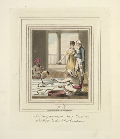 Ein Saumpareeah oder Schlangenfänger, der Schlangen vor Europäern vorführt, ca. 1824 von English School