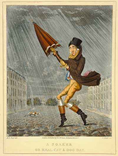 Ein Trinker oder ein echter Katzen- und Hundetag, graviert von G. Hunt, veröffentlicht von Thomas McLean, London, 1827 (farbige Radierung) von English School