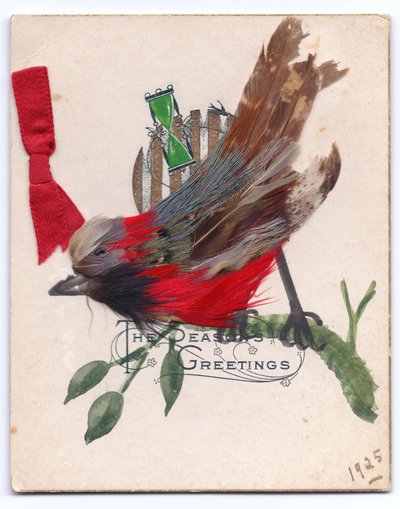 Eine viktorianische Weihnachtskarte eines Rotkehlchens aus Federn von English School