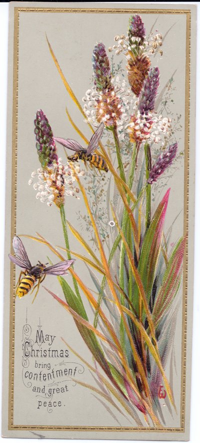Eine viktorianische Weihnachtskarte mit zwei Bienen zwischen hohen Gräsern, ca. 1880 von English School