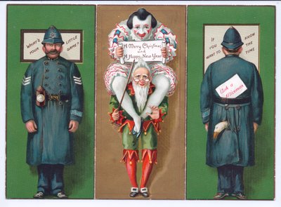 Eine viktorianische Weihnachtskarte mit einem Narr, Clown und Polizist, ca. 1880 von English School
