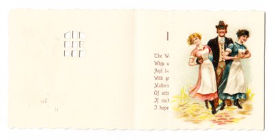 Eine viktorianische Grußkarte eines Gentlemans mit zwei Dienstmädchen, ca. 1880 von English School
