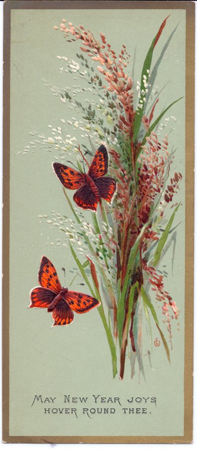 Eine viktorianische Neujahrskarte mit zwei Schmetterlingen zwischen hohen Gräsern, ca. 1880 von English School