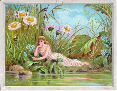 Viktorianische Grußkarte einer Fee, die an einem Bach mit Gräsern und Gänseblümchen am Ufer liegt, ca. 1880 von English School