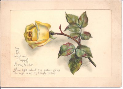 Eine viktorianische Neujahrskarte mit einer gelben Rose. Wenn die Karte vor eine Lichtquelle gehalten wird, verwandelt sich die Rosenknospe in eine volle Blüte, ca. 1898 von English School