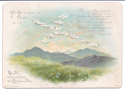 Viktorianische religiöse Weihnachtskarte mit fliegenden Tauben in Form eines Kreuzes, ca. 1880 von English School