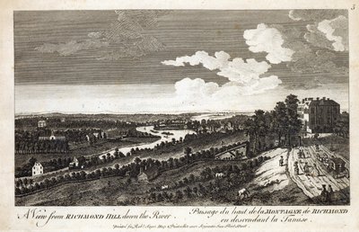 Ein Blick vom Richmond Hill den Fluss hinunter, gedruckt für Robert Sayer, Karten- und Druckverkäufer, Fleet Street von English School