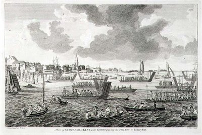 Ansicht von Gravesend in Kent, mit Truppen, die die Themse zum Tilbury Fort überqueren von English School