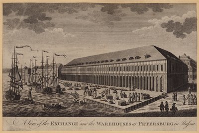 Ansicht der Börse und der Lagerhäuser in Petersburg, Russland (Stich) von English School