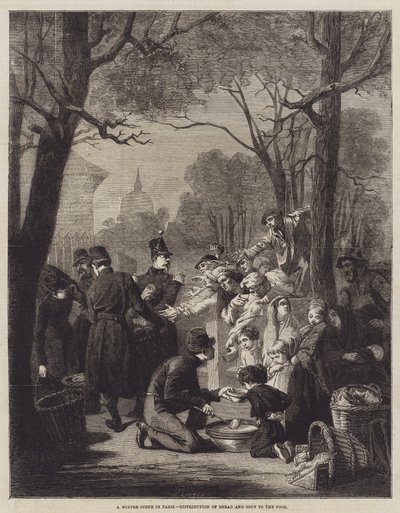 Eine Winterszene in Paris, Verteilung von Brot und Suppe an die Armen von English School