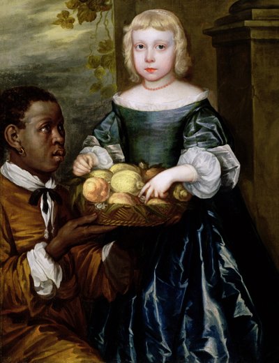 Ein junges Mädchen, dem ein Diener einen Korb mit Früchten anbietet, ca. 1650 von English School