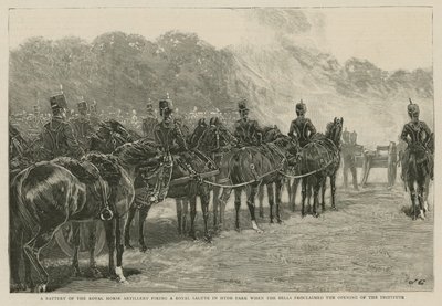 Eine Batterie der Royal Horse Artillery feuert einen königlichen Salut im Hyde Park ab, als die Glocken die Eröffnung des Imperial Institute verkündeten von English School