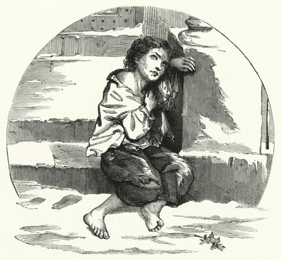 Ein Junge bettelt im Schnee (Lithografie) von English School