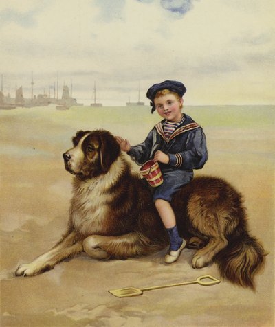 Ein Junge sitzt auf seinem Hund am Strand von English School