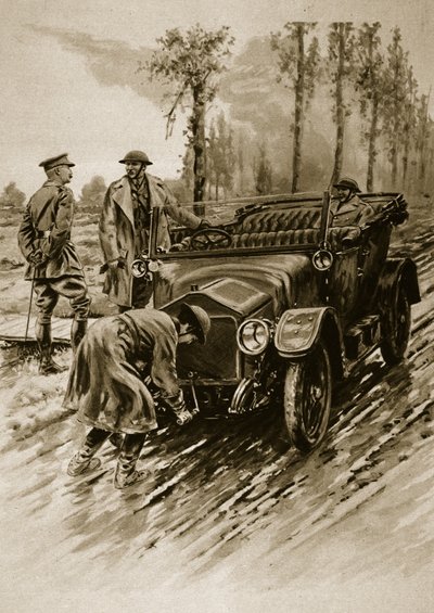 Ein Chauffeur des Frauenhilfskorps der Armee startet den Motor eines Offizierswagens, 1914-19 von English School