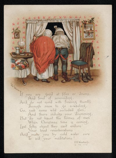 Ein Paar lehnt Weihnachtsliedersänger vor ihrem Fenster ab, Weihnachtskarte von English School