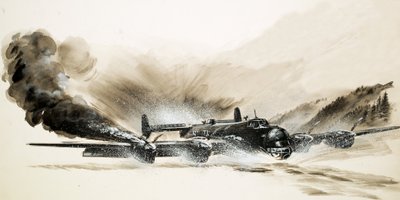Ein beschädigter Halifax-Bomber landet auf dem Eis von English School