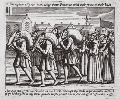 Eine Beschreibung armer Männer, die ihre Buße mit Stroh auf dem Rücken tun, Illustration aus Acts and Monuments von John Foxe, neunte Ausgabe, veröffentlicht 1684 von English School