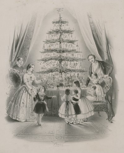 Eine Familie steht um einen Weihnachtsbaum von English School