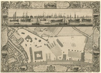 Ein geometrischer Plan und Nordostansicht der Werft Seiner Majestät in Deptford mit einem Teil der Stadt von English School