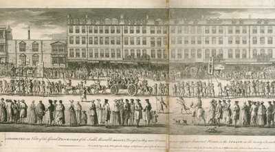 Geometrische Ansicht der großen Prozession der Scald Miserable Masons, Somerset House, London von English School