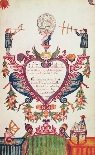 Ein Geschenk gewidmet an Karl II. von Bartholomew Sharp, um 1681 von English School